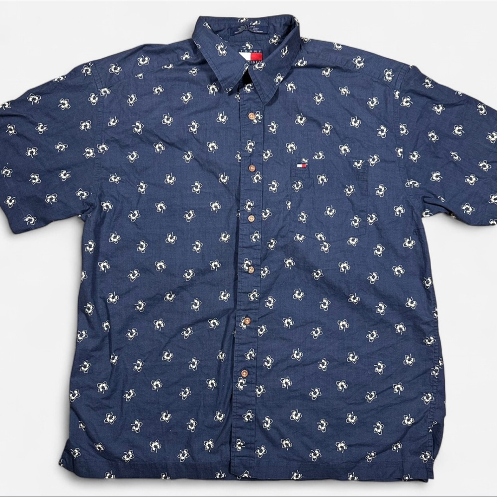 Tommy Hilfiger Navy Blue Short Sleeve Button Up Shirt White Floral Mens L Preppy